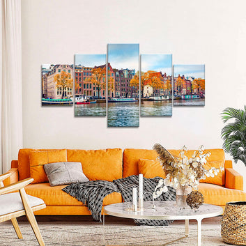Autumn Canal in Amsterdam Canvas Wall Art