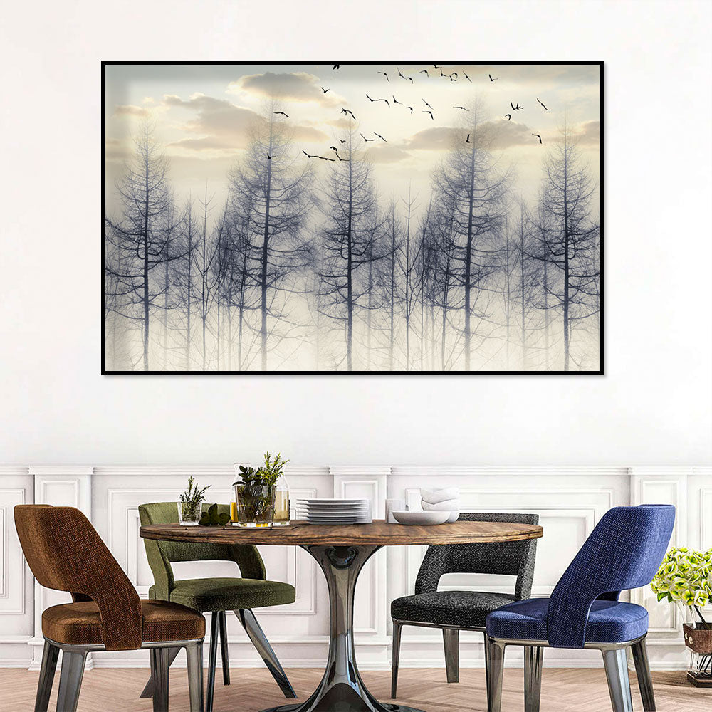 Serene Sunrise Over Misty Trees Canvas Wall Art