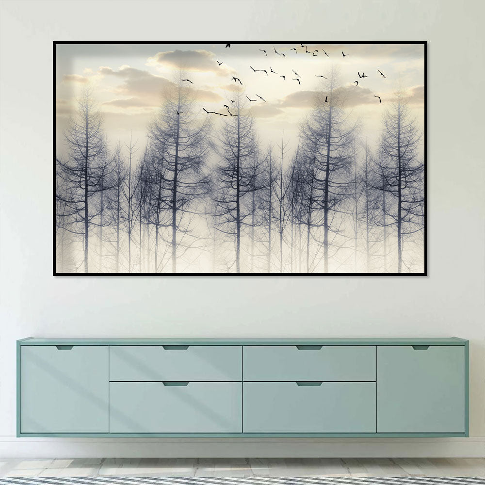 Serene Sunrise Over Misty Trees Canvas Wall Art