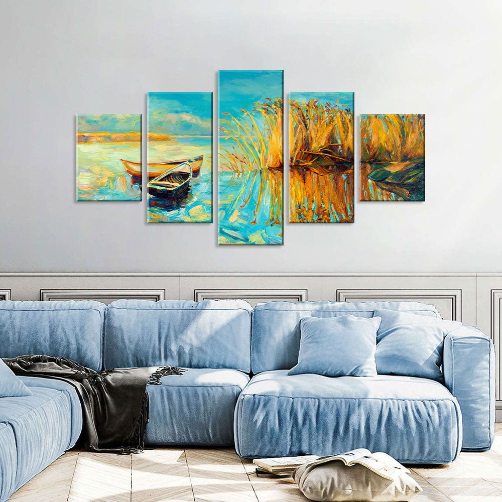 Colorful Lake with Boats Canvas Wall Art