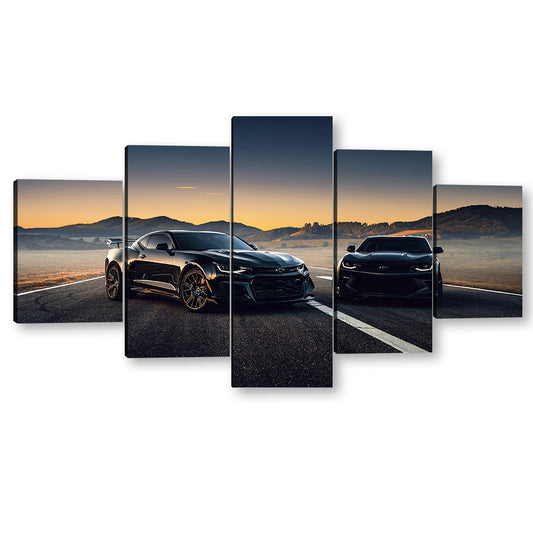 5 Piece Dual Black Chevrolet Camaro On Road Canvas Wall Art