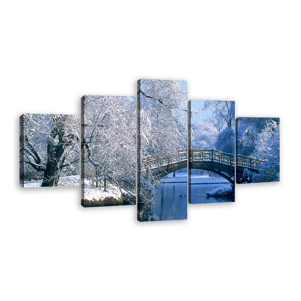 5-Piece Winter Lake Snow Bridge Canvas Wall Art