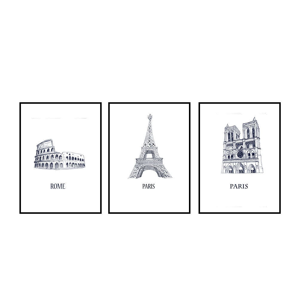 European Classics: Rome Colosseum, Eiffel Tower, Notre-Dame 3-Piece Canvas Set