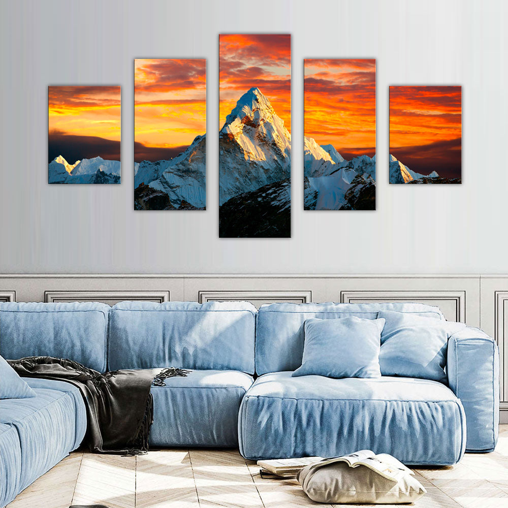 Sunset Over Ama Dablam: 5-Piece Himalayan Mountain Canvas Wall Art