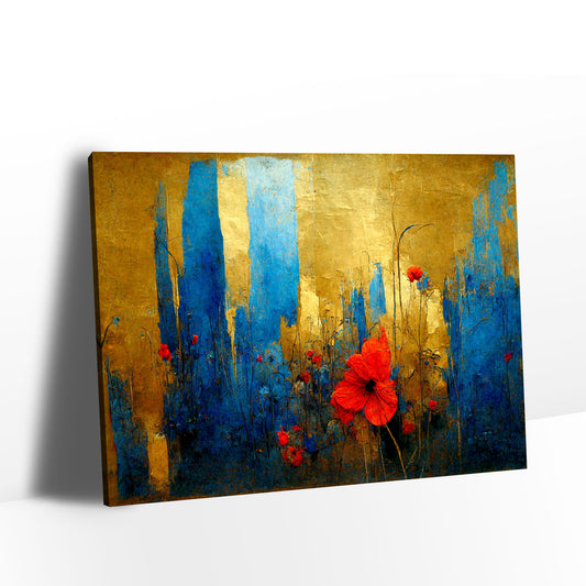 Red Flower in Gold and Blue Background Canvas Wall Art