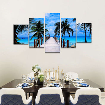 Palm Trees Beach Wood Bridge Canvas Wall Art