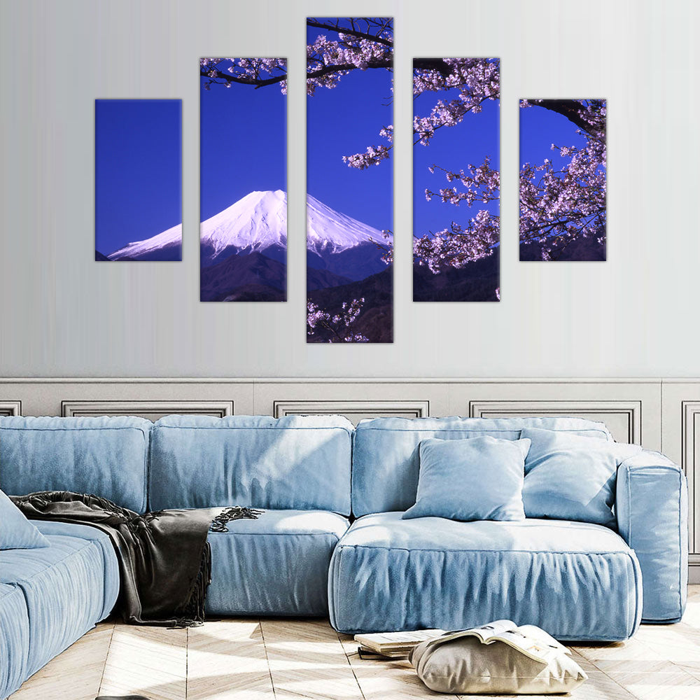 Mount Fuji Blossom: 5-Piece Japanese Landscape Canvas Wall Art Set