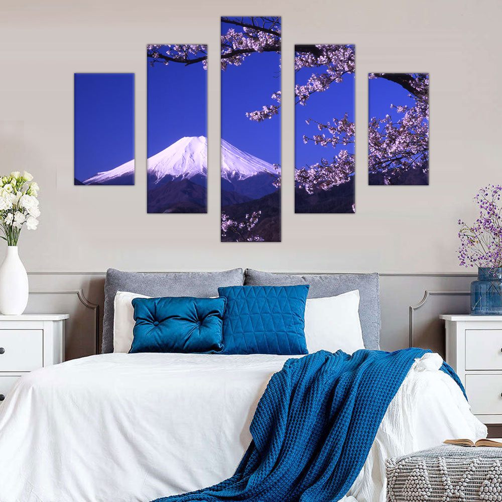 Mount Fuji Blossom: 5-Piece Japanese Landscape Canvas Wall Art Set