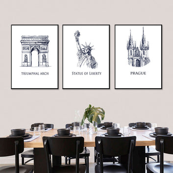 Global Heritage: Triumphal Arch, Statue of Liberty, Prague Cathedral 3-Piece Canvas Set