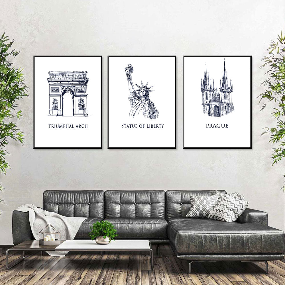 Global Heritage: Triumphal Arch, Statue of Liberty, Prague Cathedral 3-Piece Canvas Set