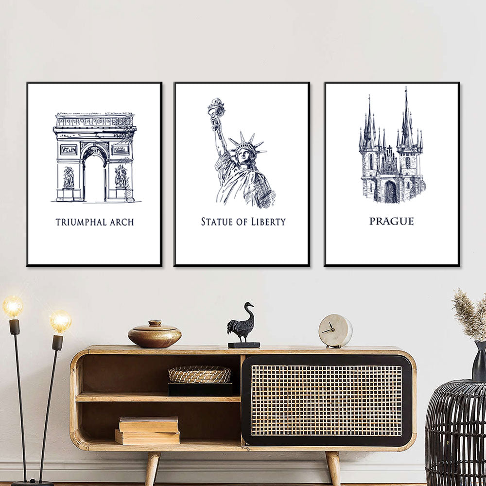 Global Heritage: Triumphal Arch, Statue of Liberty, Prague Cathedral 3-Piece Canvas Set