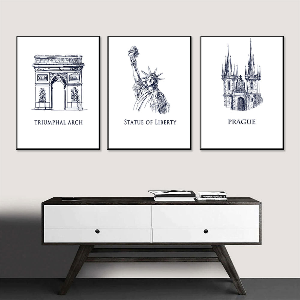 Global Heritage: Triumphal Arch, Statue of Liberty, Prague Cathedral 3-Piece Canvas Set