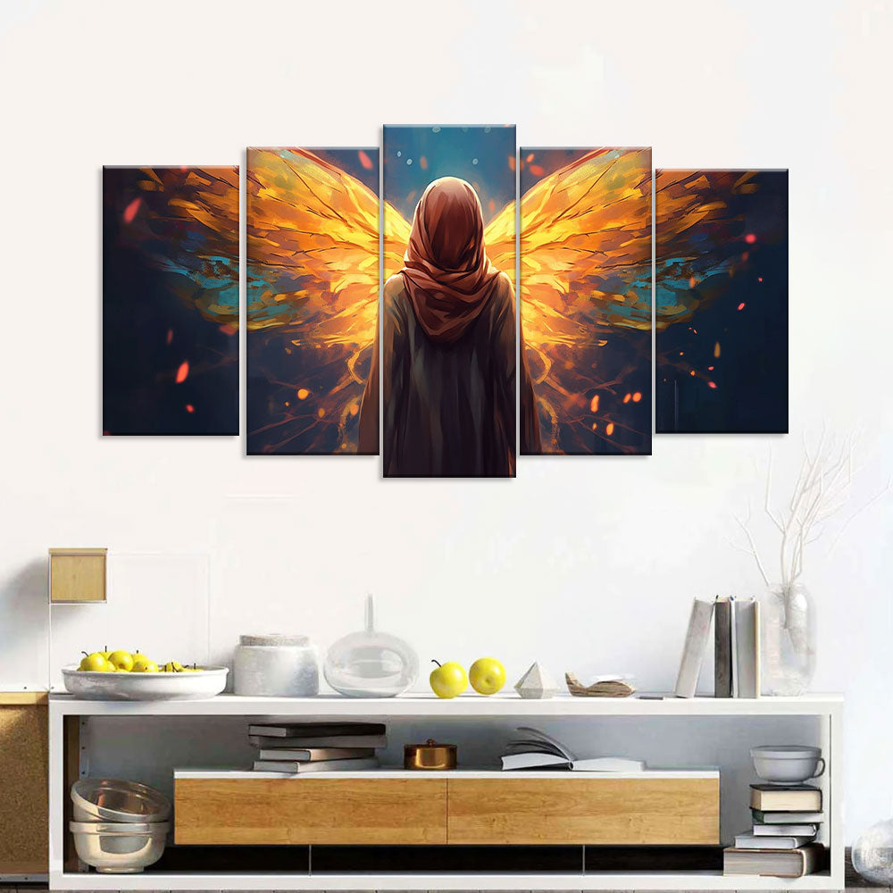 Muslin Girl with Shiny Golden Wings Canvas Wall Art