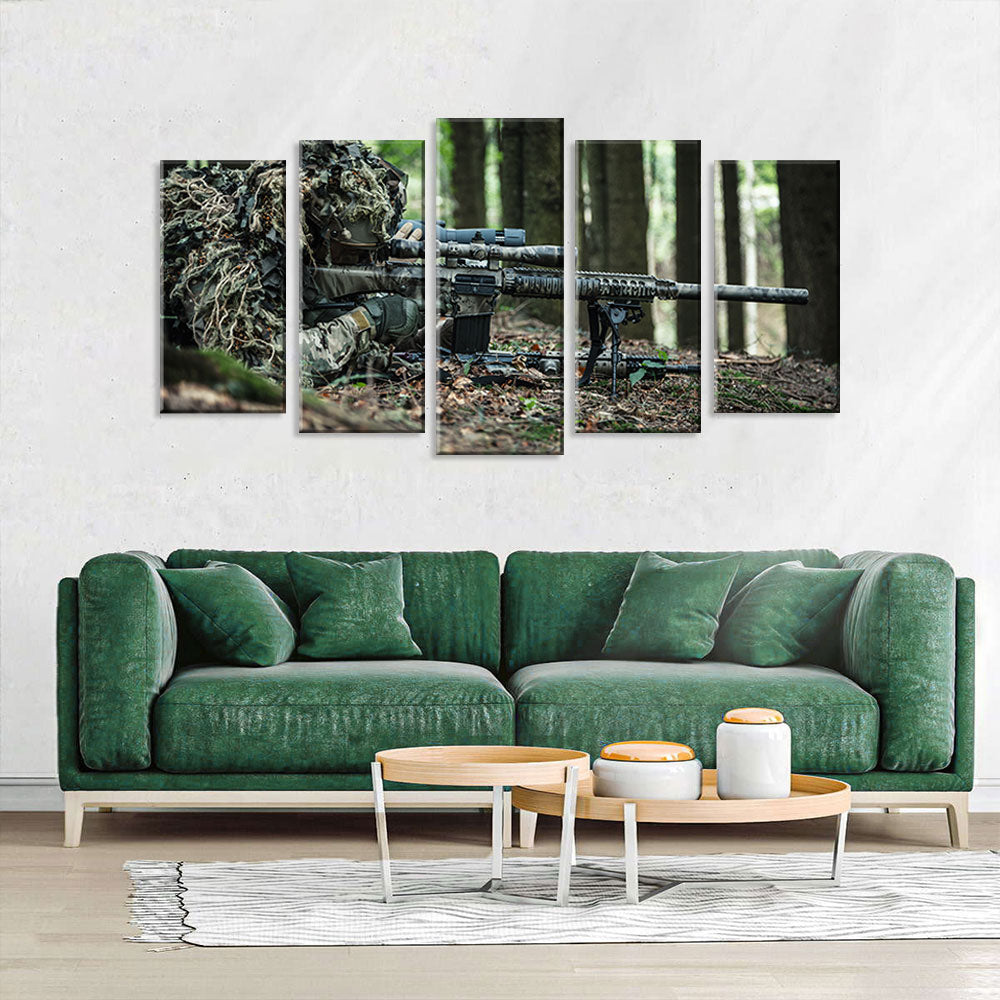 5 Piece Sniper Aiming in Forest Canvas Wall Art