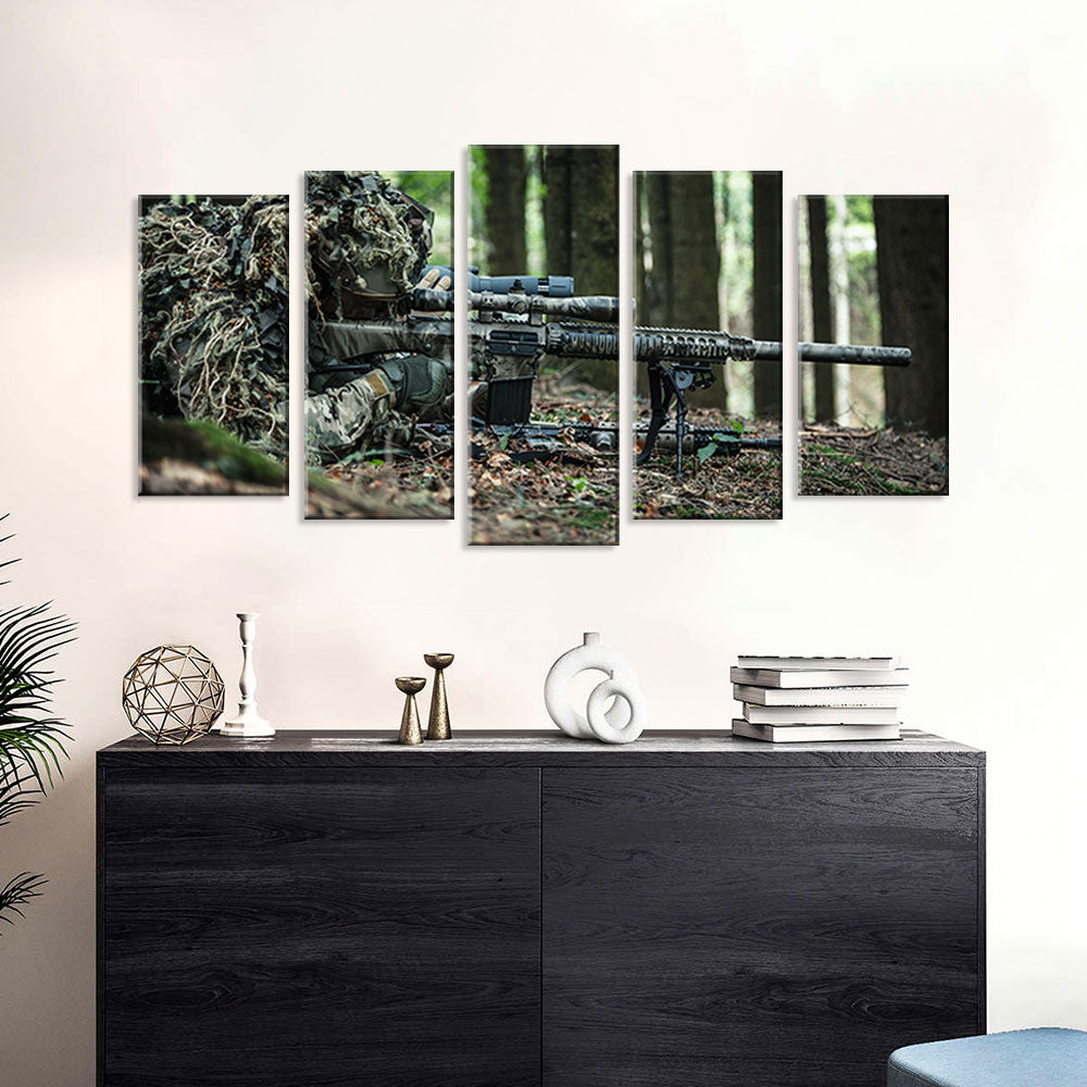 5 Piece Sniper Aiming in Forest Canvas Wall Art