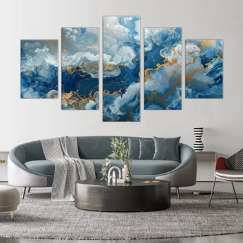 5-Piece Blue and Gold Abstract Marble Canvas Wall Art