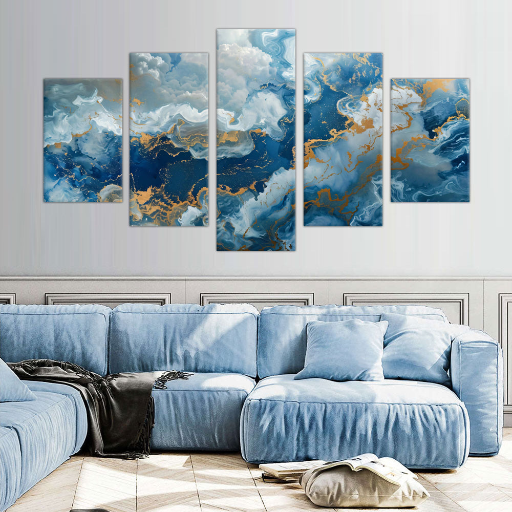 5-Piece Blue and Gold Abstract Marble Canvas Wall Art