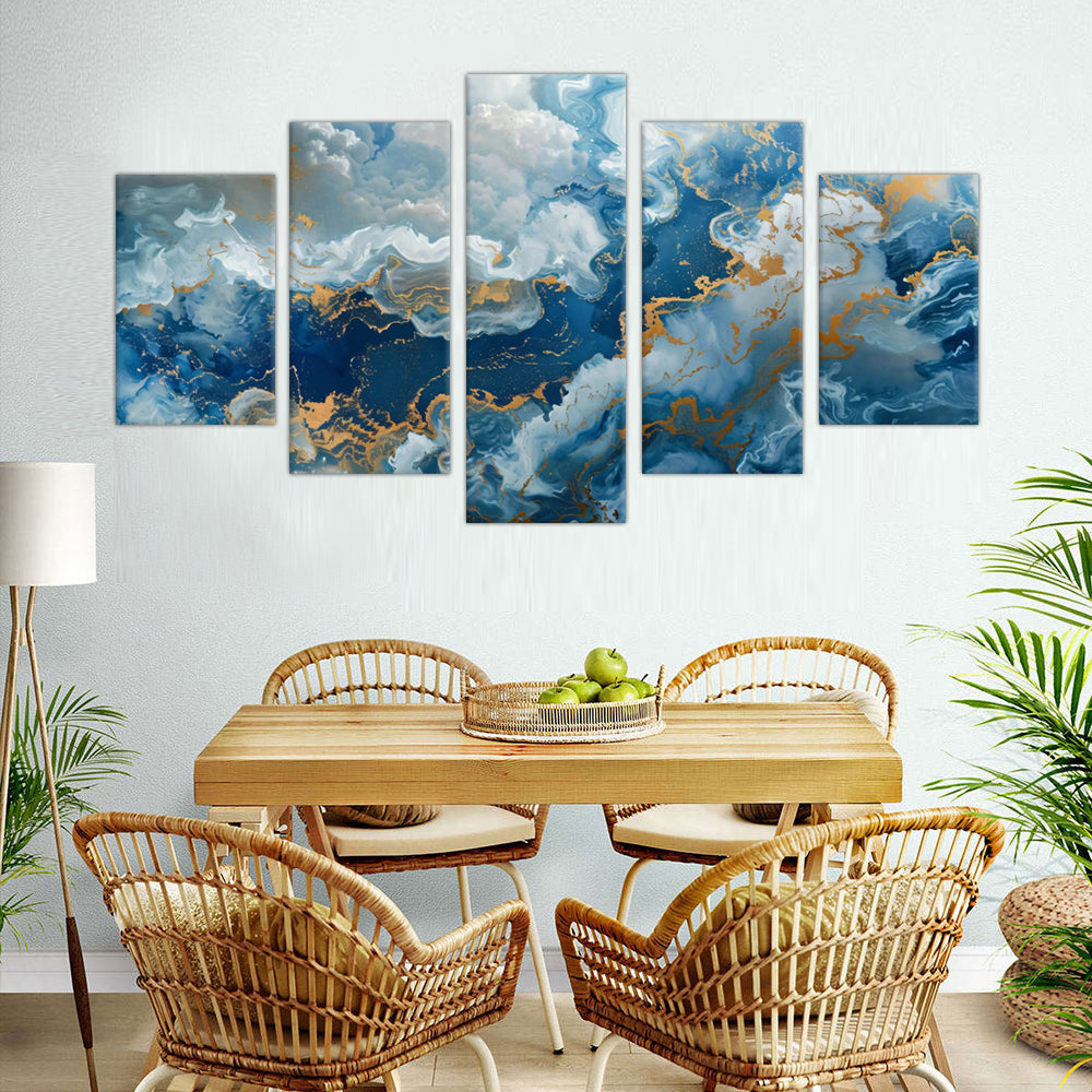 5-Piece Blue and Gold Abstract Marble Canvas Wall Art