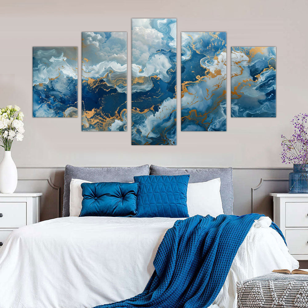 5-Piece Blue and Gold Abstract Marble Canvas Wall Art