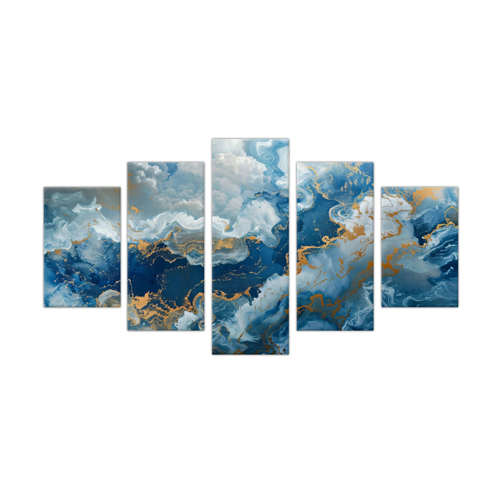 5-Piece Blue and Gold Abstract Marble Canvas Wall Art