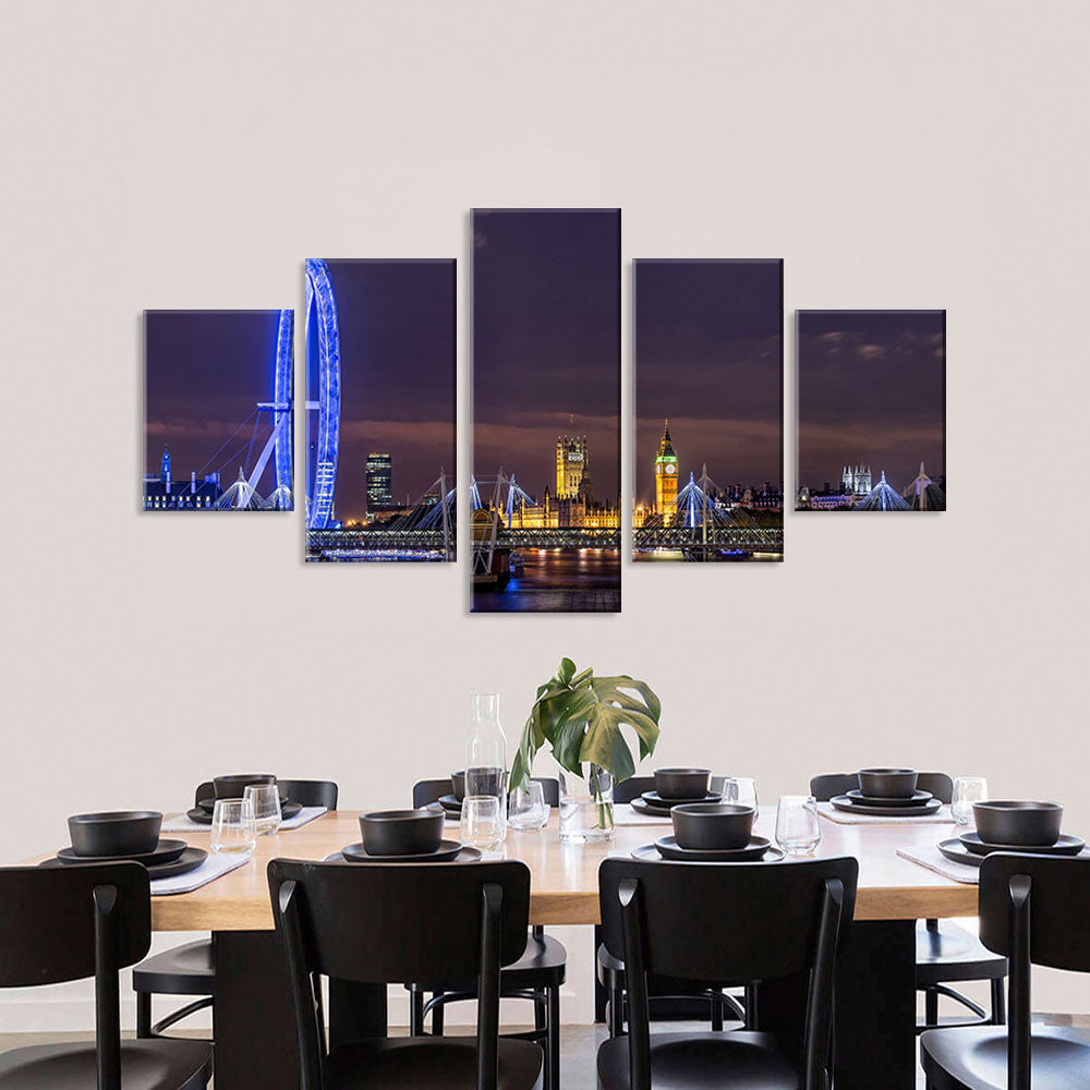 London Thames and Big Ben Night View Panoramic Canvas Wall Art