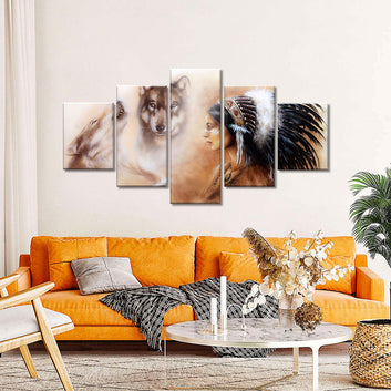 Native American Girl with Two Wolves Canvas Wall Art