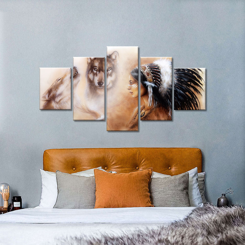 Native American Girl with Two Wolves Canvas Wall Art