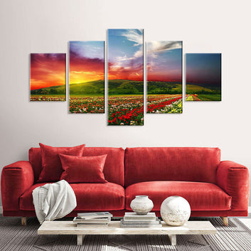 Colorful Sunset Rose Field Canvas Wall Art