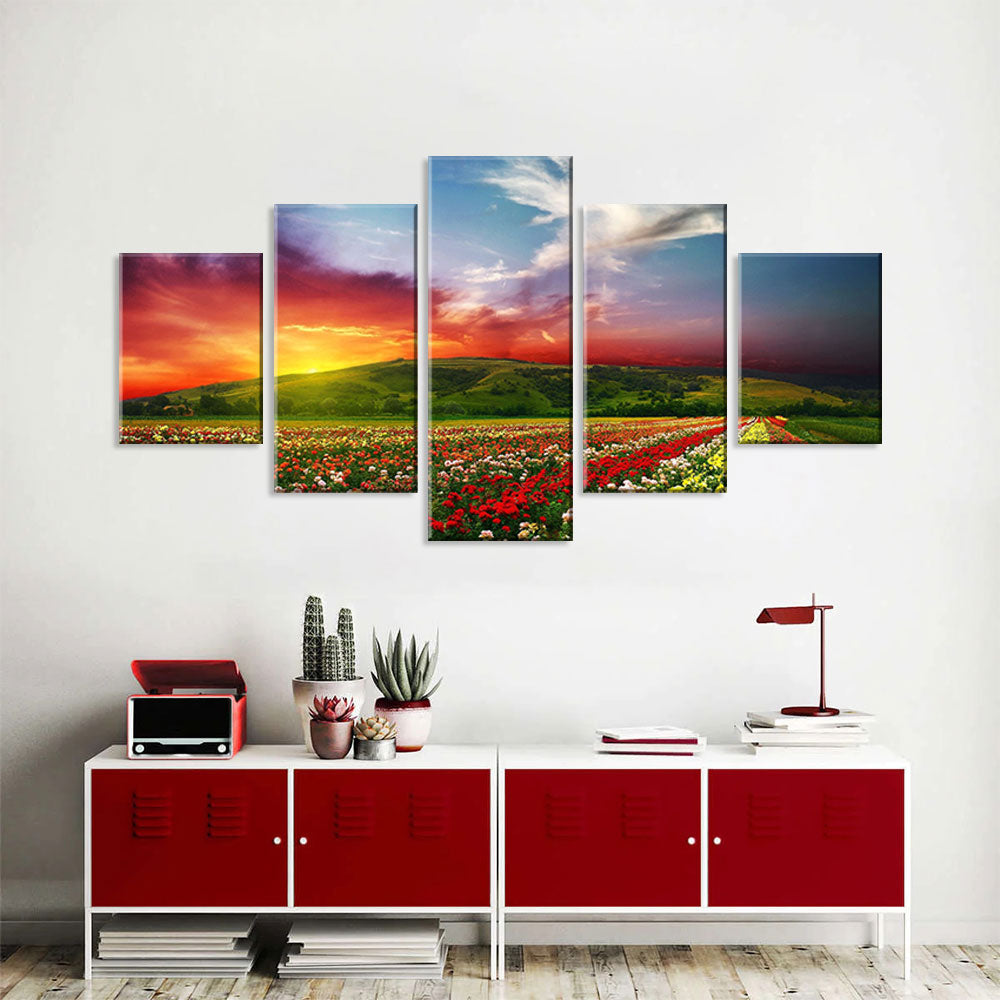 Colorful Sunset Rose Field Canvas Wall Art