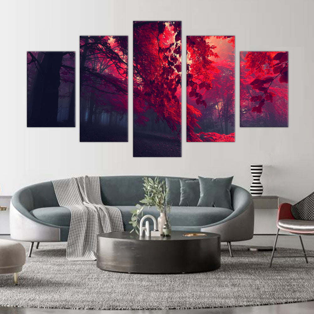 5-Piece Dark Forest with Red Leaves Canvas Wall Art