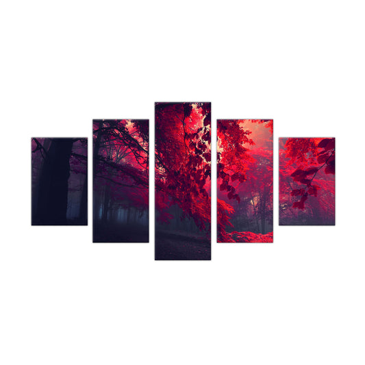 5-Piece Dark Forest with Red Leaves Canvas Wall Art