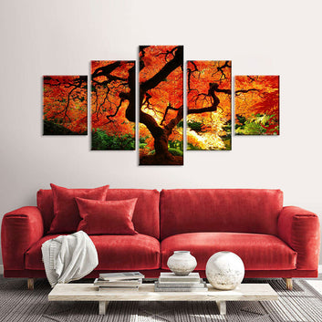 Sunlit Forest with Red Trees Canvas Wall Art