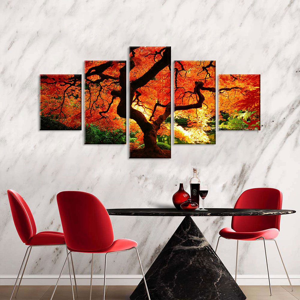 Sunlit Forest with Red Trees Canvas Wall Art