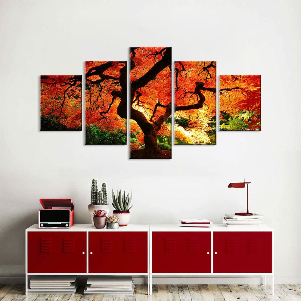 Sunlit Forest with Red Trees Canvas Wall Art