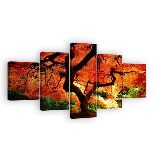 Sunlit Forest with Red Trees Canvas Wall Art