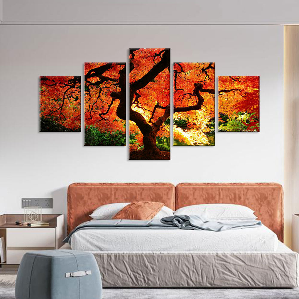 Sunlit Forest with Red Trees Canvas Wall Art