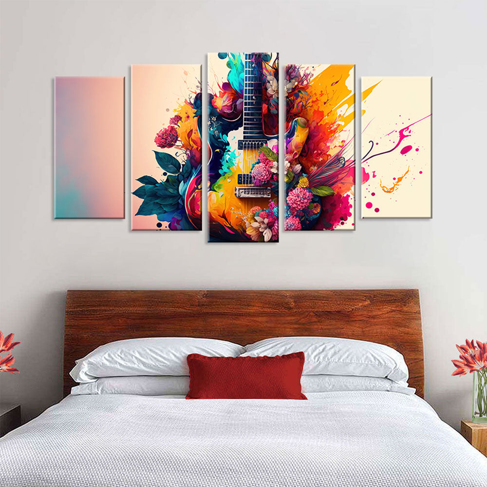 5 Piece Digital Guitar with Flowers Canvas Wall Art