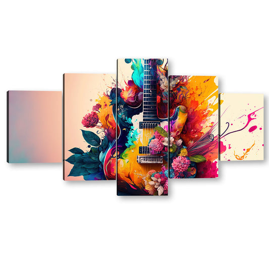 5 Piece Digital Guitar with Flowers Canvas Wall Art