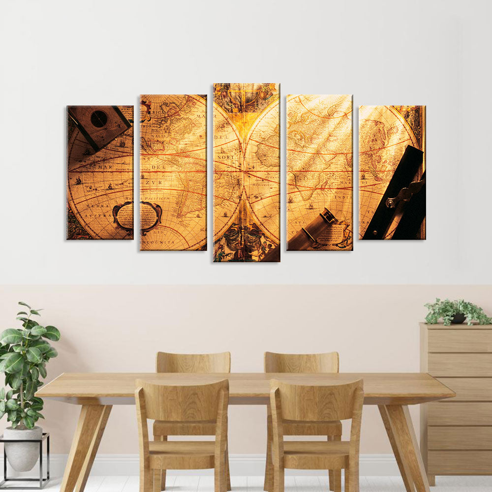 5 Piece Vintage World Map with Telescope and Compass Canvas Wall Art
