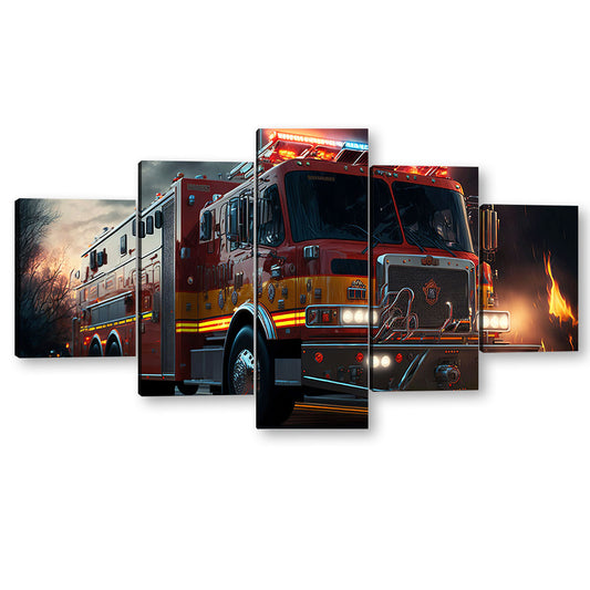 5 Piece Firefighter Truck on Road Canvas Wall Art