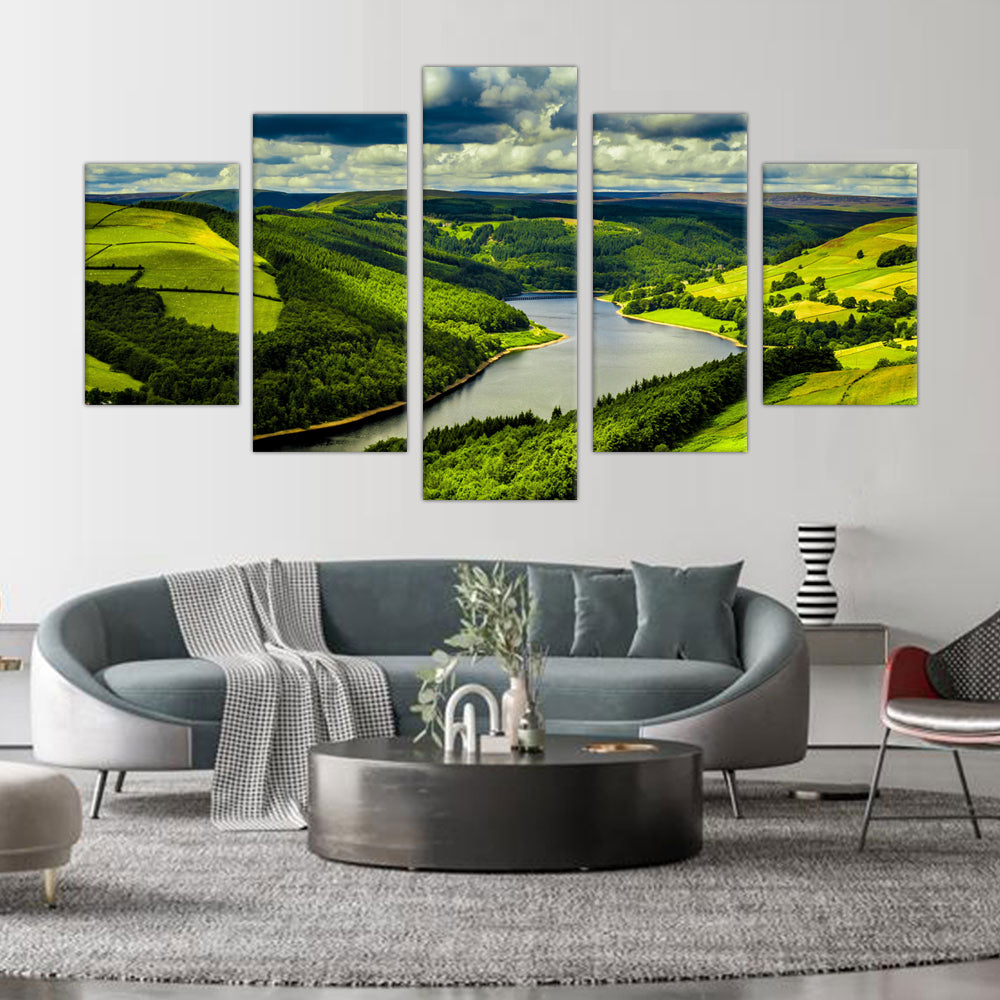 5-Piece Green Valley and River Canvas Wall Art