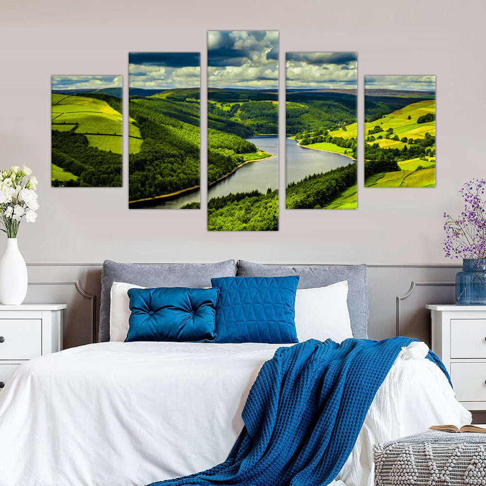 5-Piece Green Valley and River Canvas Wall Art