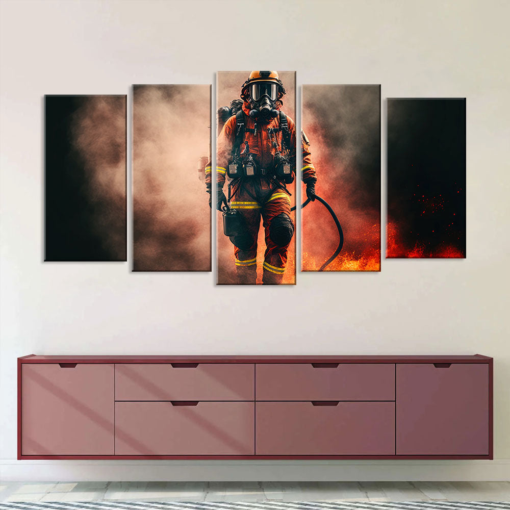 5 Piece Firefighter in Fire Canvas Wall Art