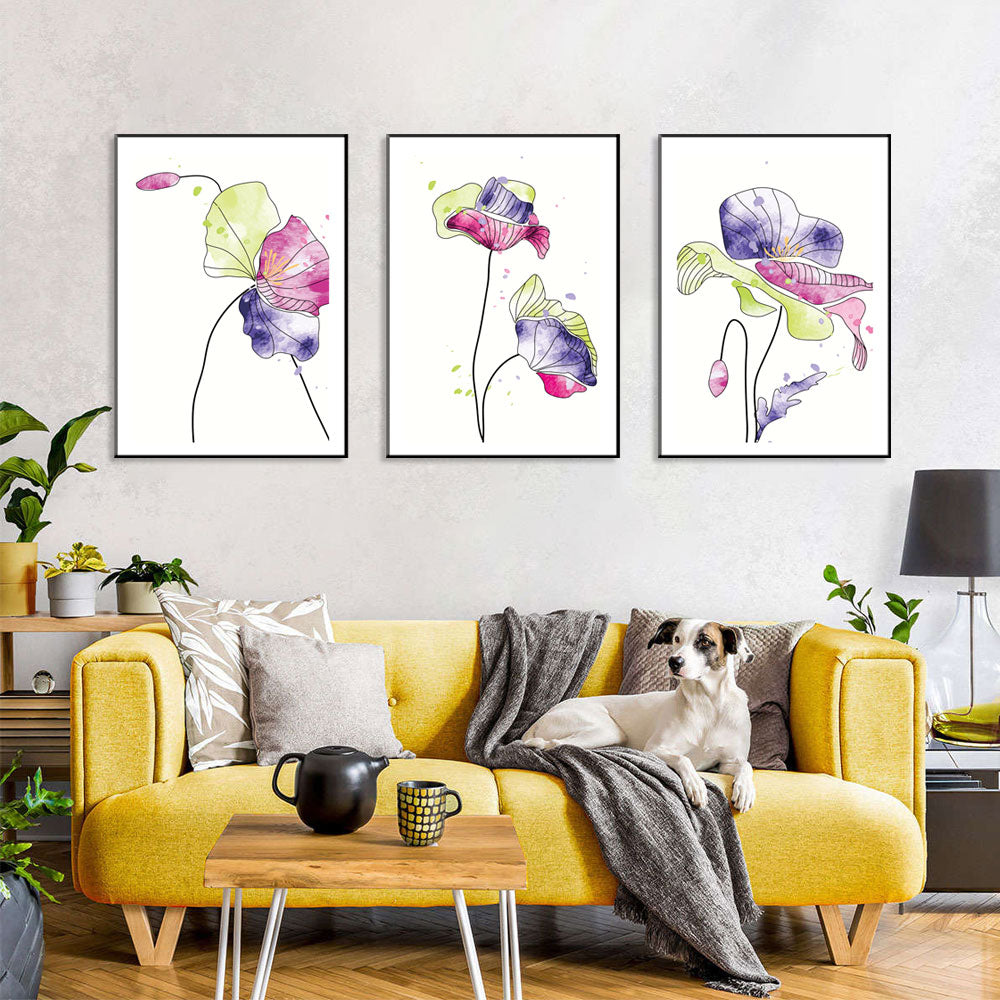 3-Piece Vibrant Floral Watercolor Canvas Wall Art