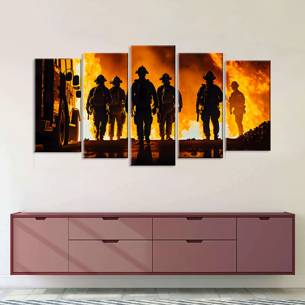 5 Piece Firefighter Team in Action Canvas Wall Art
