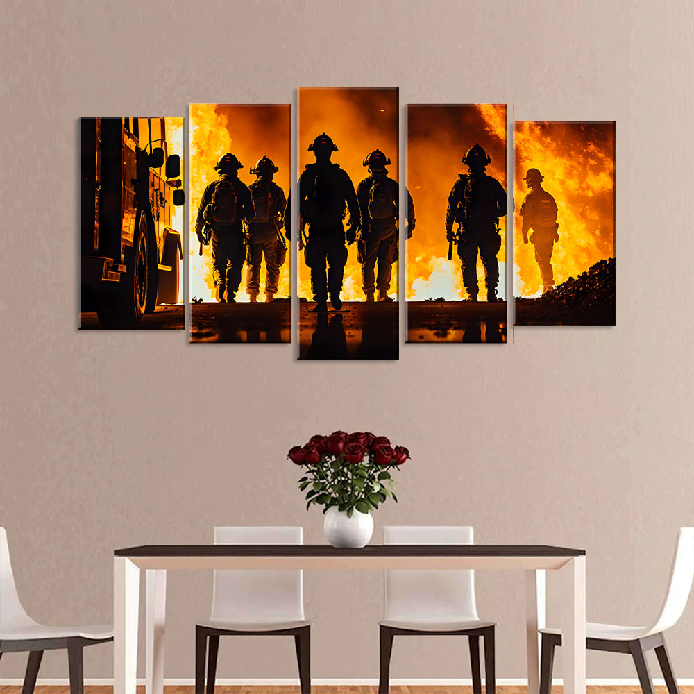 5 Piece Firefighter Team in Action Canvas Wall Art