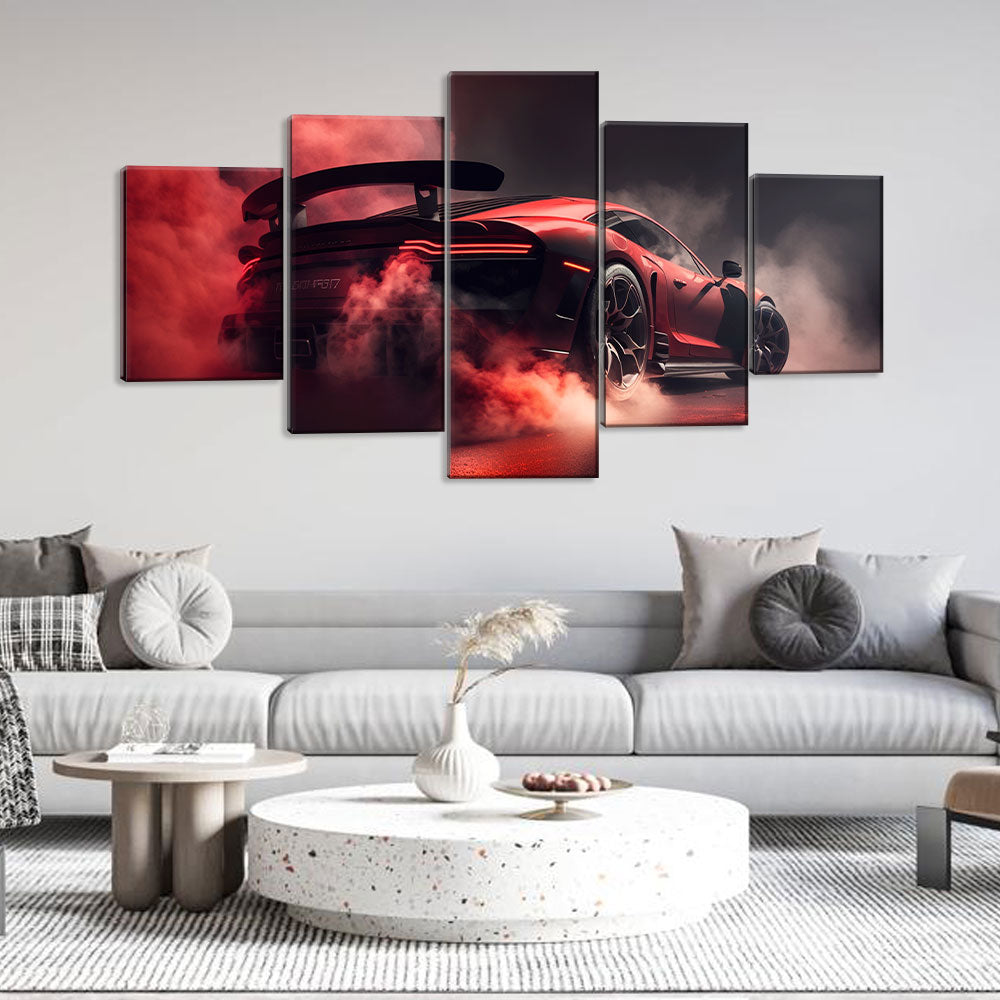 5 Piece Red Sports Car in Dark Smoke Canvas Wall Art