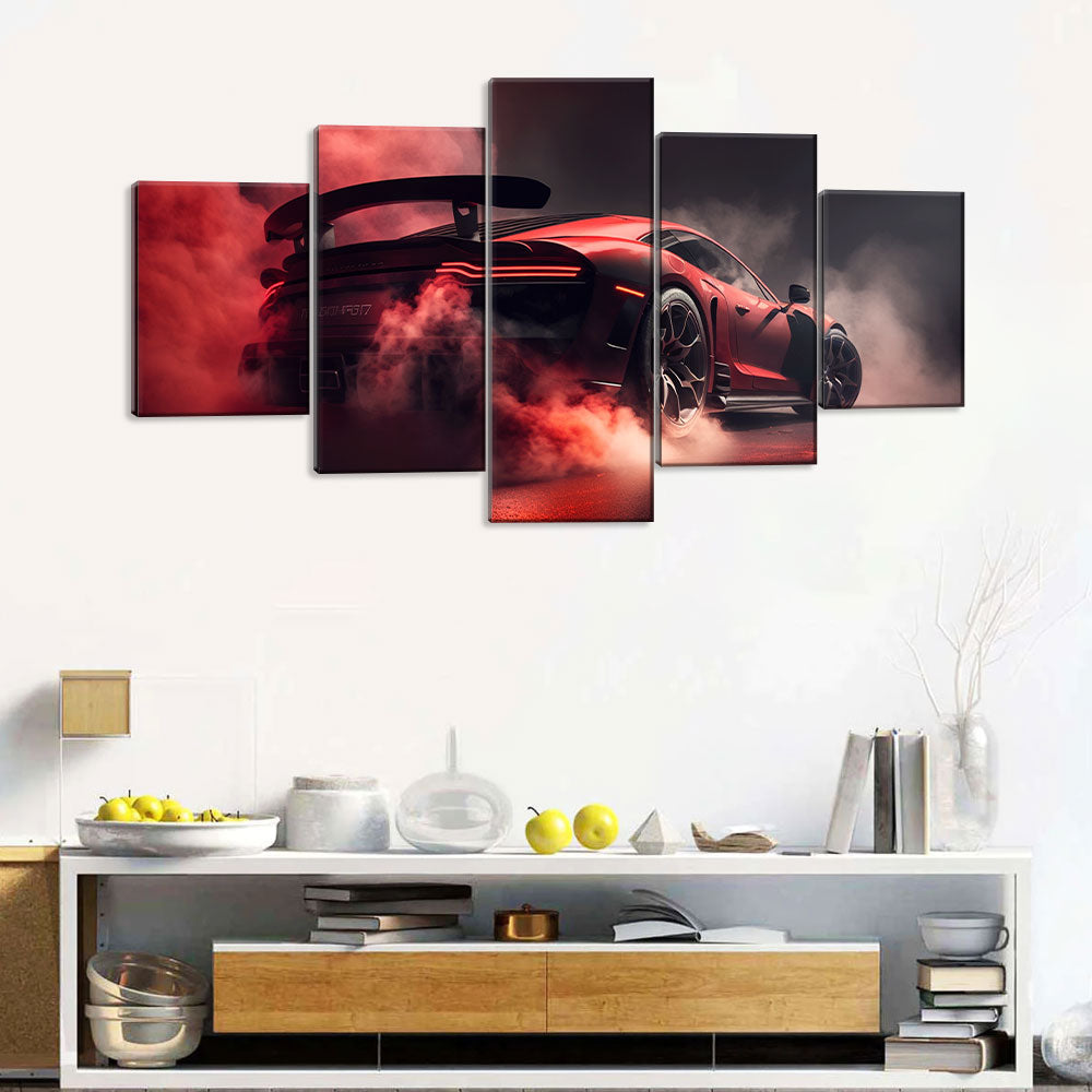 5 Piece Red Sports Car in Dark Smoke Canvas Wall Art