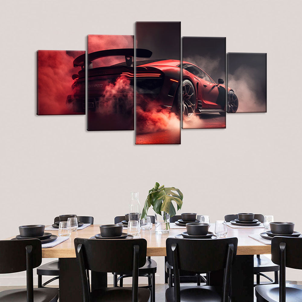 5 Piece Red Sports Car in Dark Smoke Canvas Wall Art