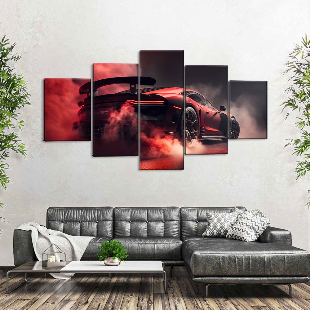 5 Piece Red Sports Car in Dark Smoke Canvas Wall Art